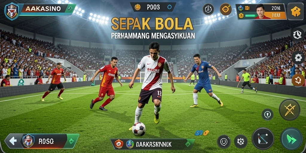 Screenshot gameplay AAKASINO menampilkan aksi seru di lapangan sepak bola.