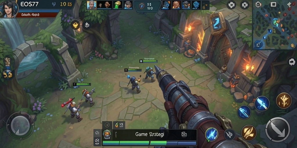Tampilan dinamis gameplay EOS77 saat menjelajahi dunia SLG.