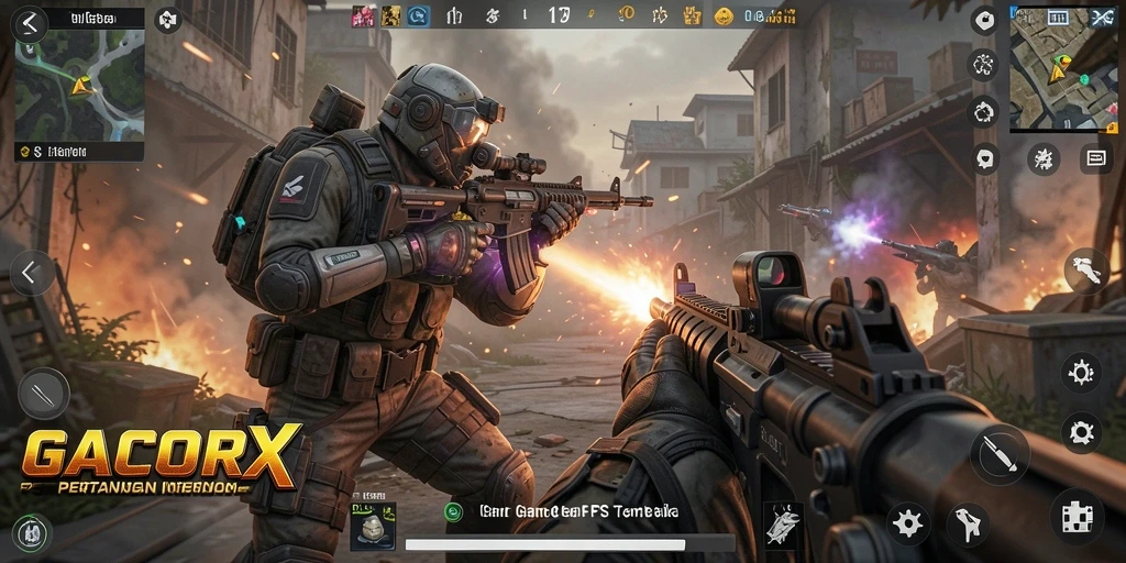 Screenshot gameplay GACORX yang menunjukkan aksi tembak-menembak yang intens.