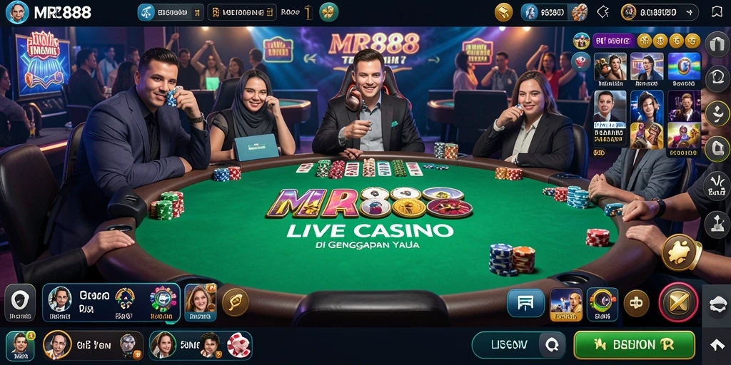 Screenshot gameplay MR888 dengan dealer profesional dan interaksi pemain.