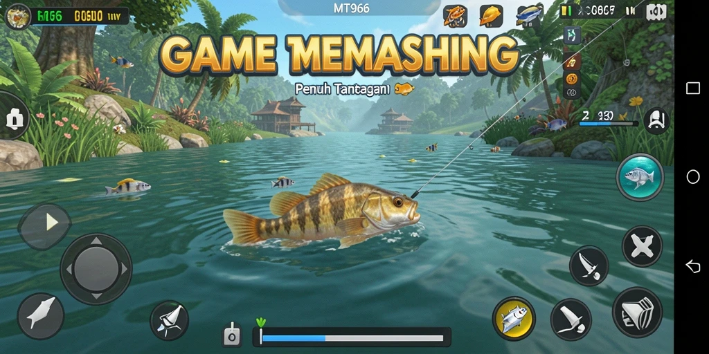 Screenshot gameplay MT966 yang menampilkan aksi memancing seru.