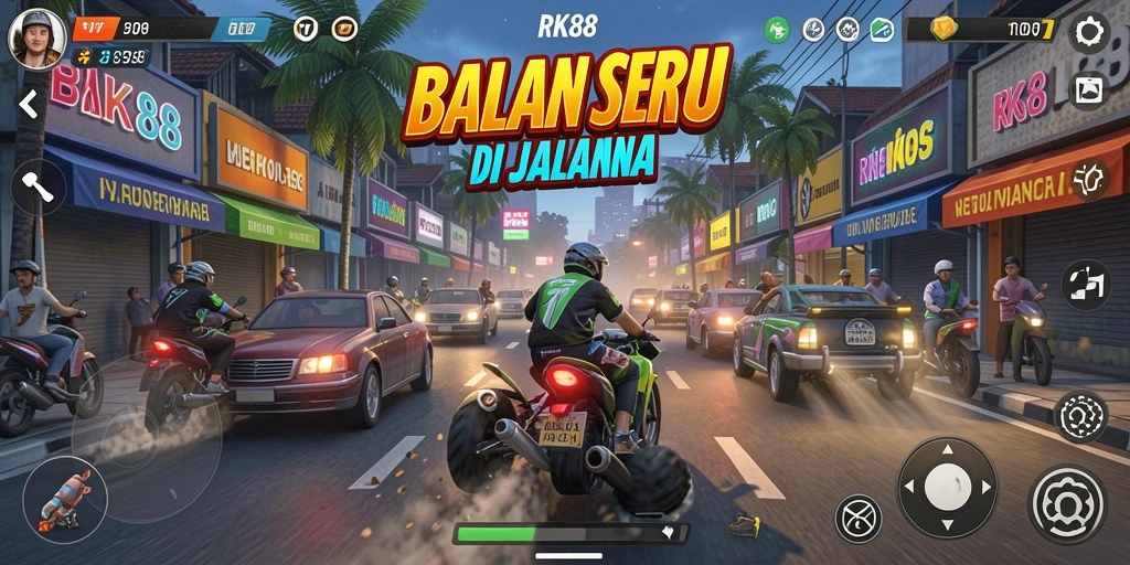 Screenshot gameplay RK88 menampilkan aksi balapan yang mendebarkan.